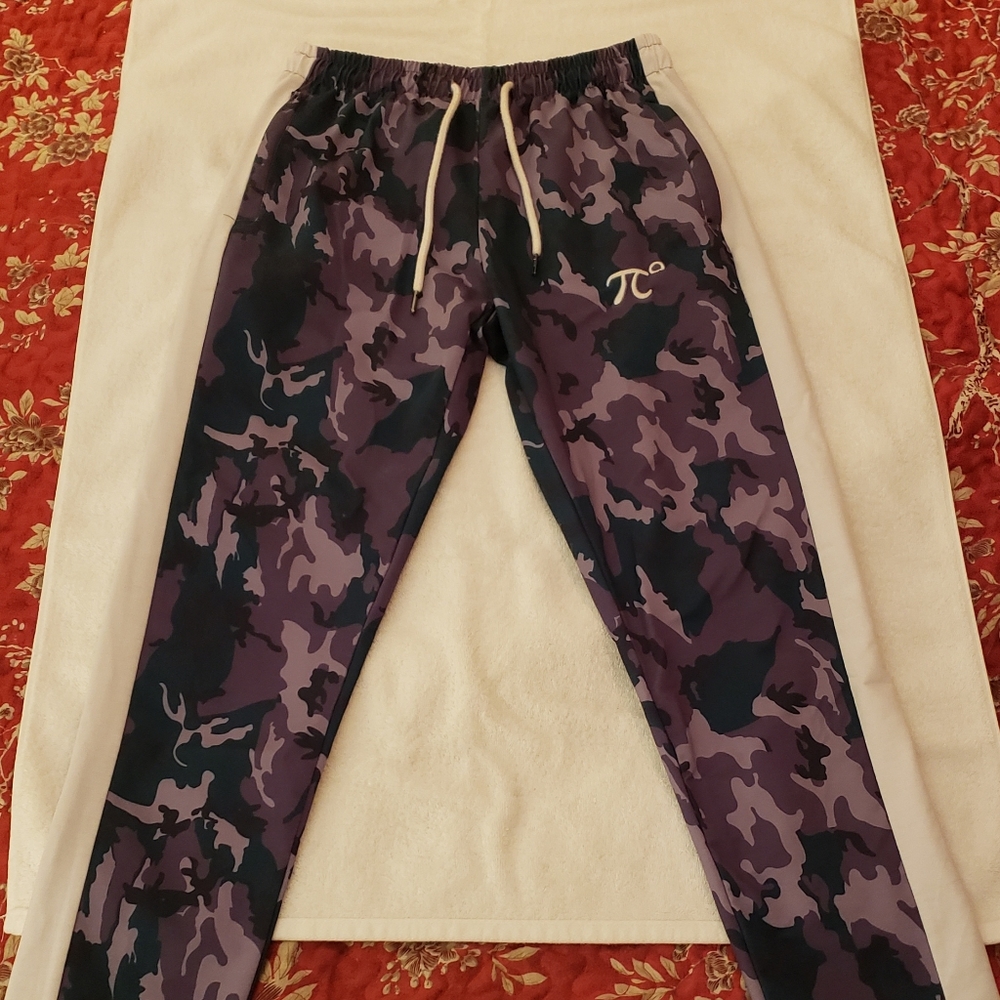 Men's joggers/workout pants. Camo print,green/purple. Draw string waist.